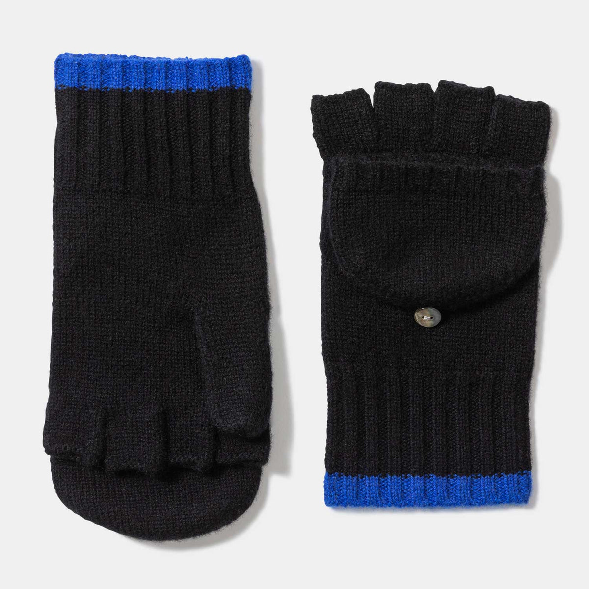 Picture of knit cashmere pop top glove, contrast color at cuff, black with cobalt blue.