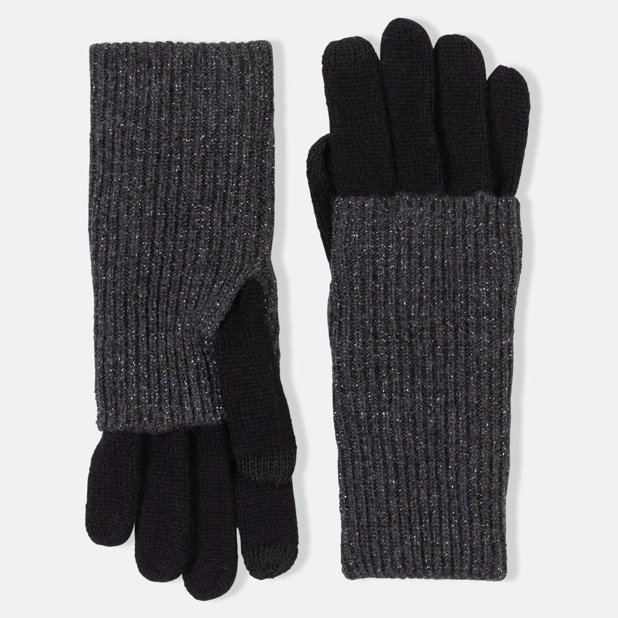 Picture of knitted cashmere gloves with foldover contrast sparkle cuff in black and grey.