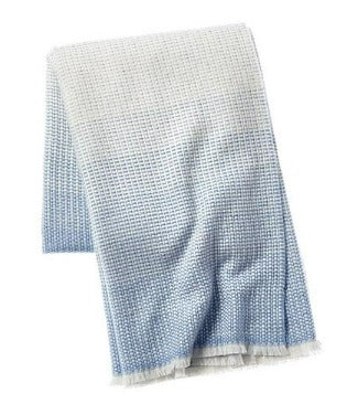 Picture of an ombre wool and cashmere throw with eyelash fringe in a light grey and white color mix.
