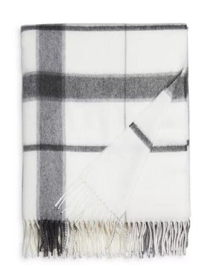 Picture of a woven throw with fringe, camel and off white plaid pattern