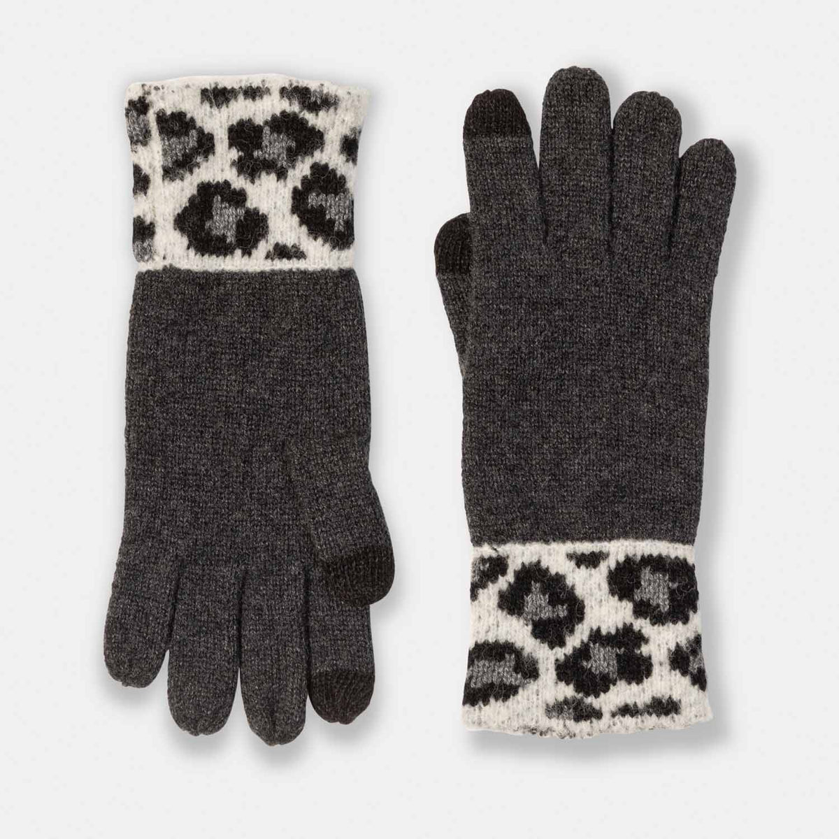 Picture of knit cashmere glove with cheetah print cuff detail, grey and cream.