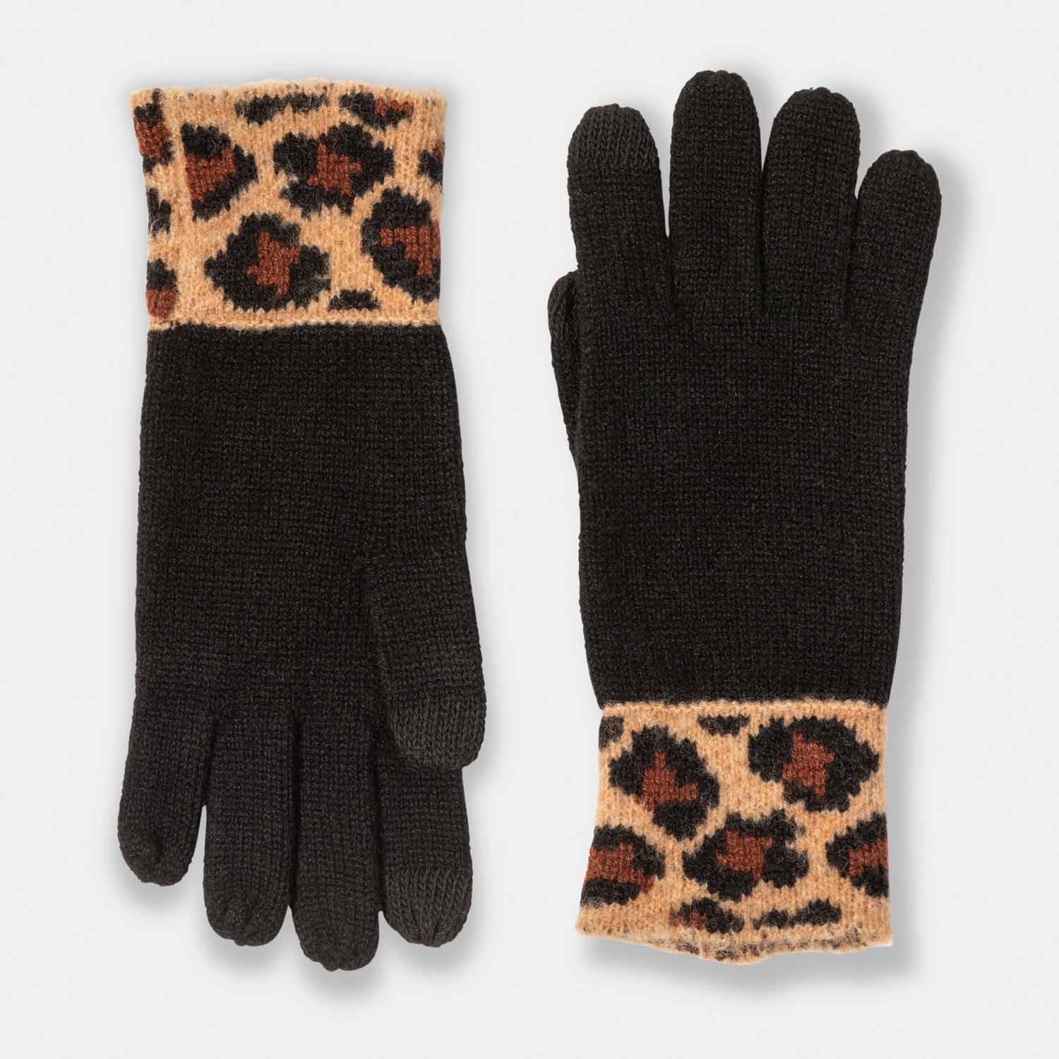Picture of knit cashmere glove with cheetah print cuff detail, black and tan