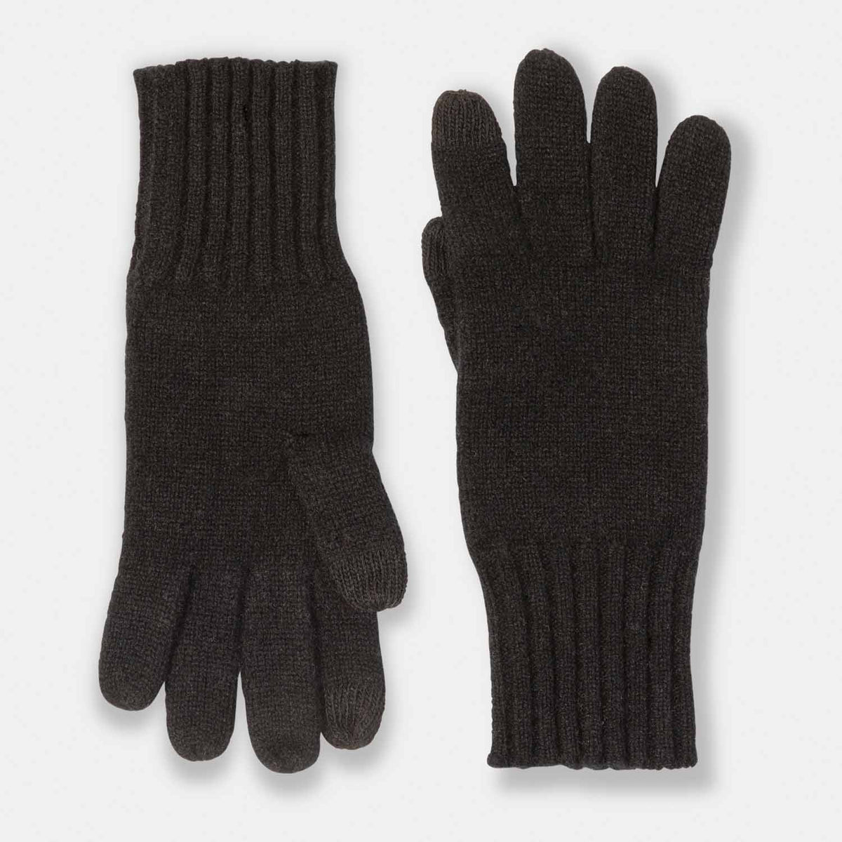 Picture of knit cashmere gloves with touch tech finger tips and rib cuff, black.