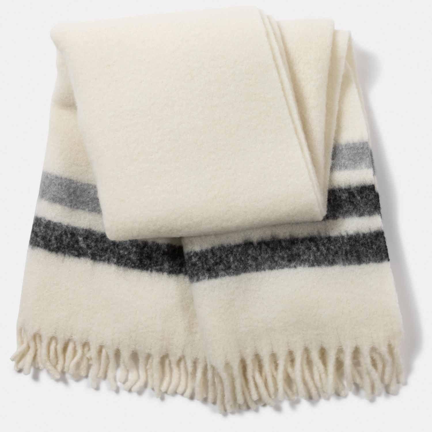 Picture of a mohair throw with fringe in white with grey stripes