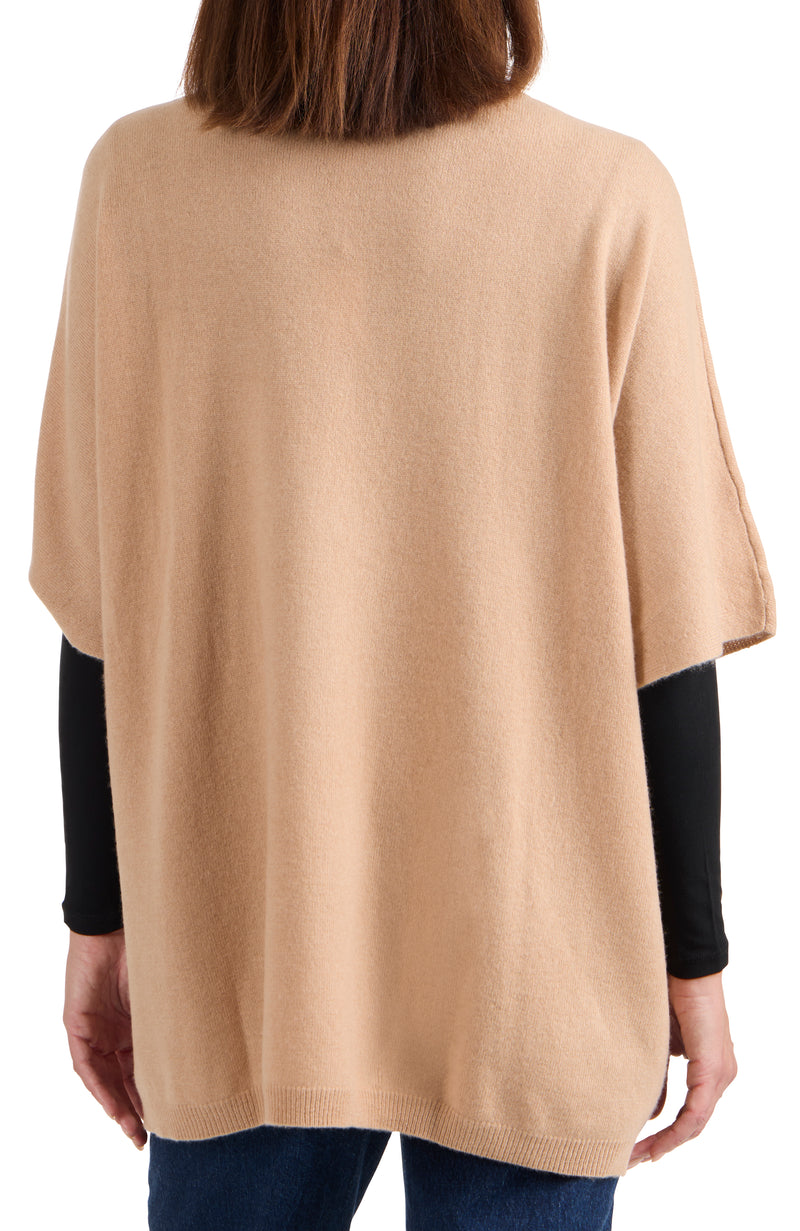model wearing CASHMERE KNIT CREWNK PONCHO in camel back