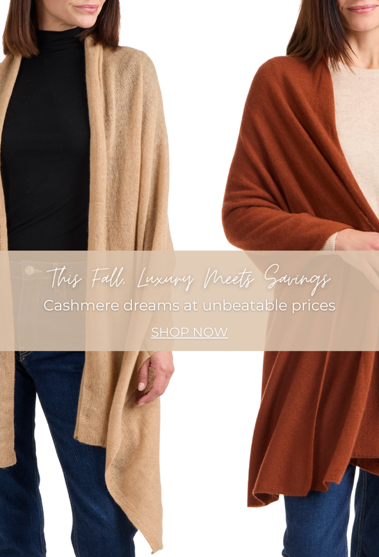Two women wearing cashmere wraps with promotional text overlay.