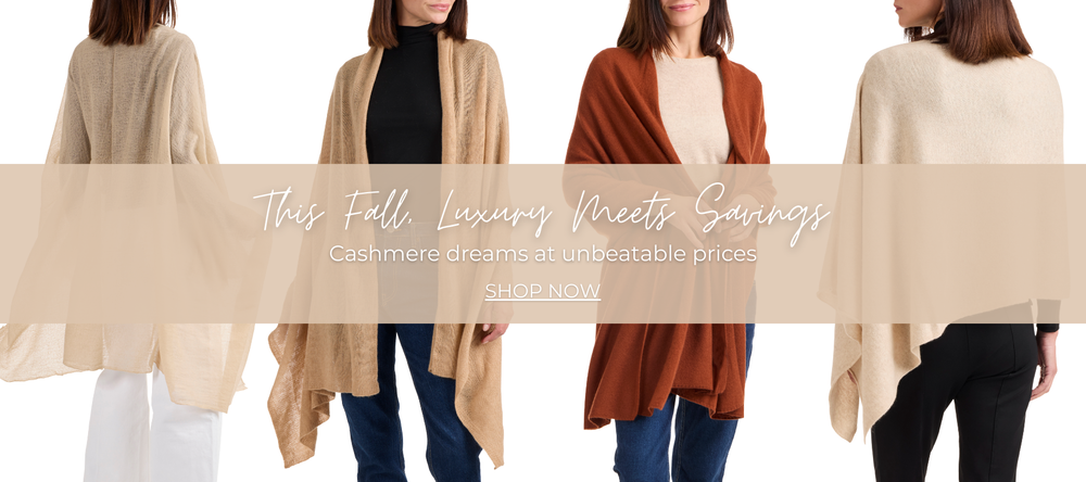 Four women wearing cashmere wraps with promotional text overlay on a white background