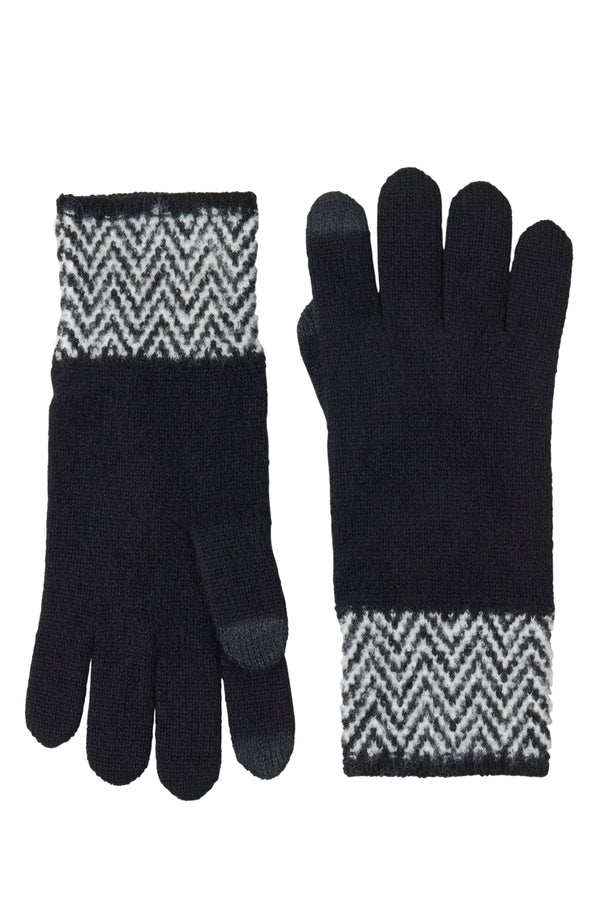 CASHMERE TOUCH SCREEN COMPATIBLE KNIT GLOVE WITH HERRINGBONE CUFF in black