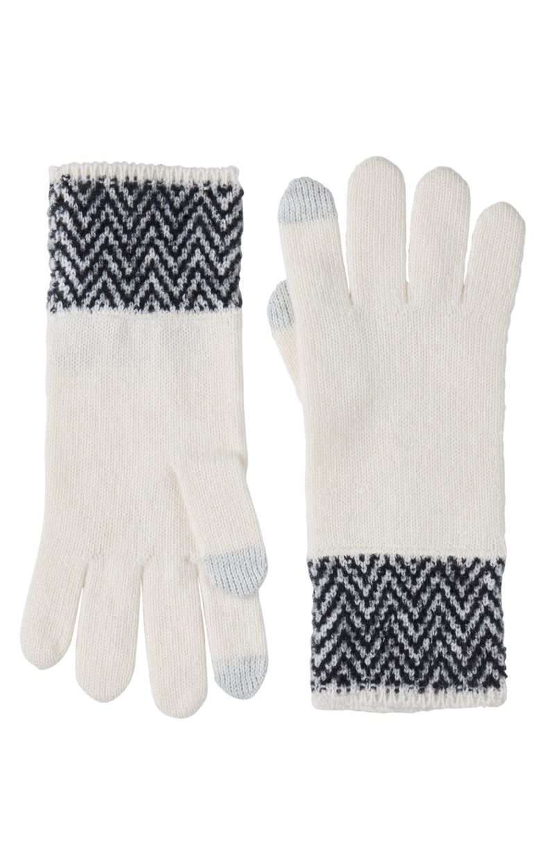 CASHMERE TOUCH SCREEN COMPATIBLE KNIT GLOVE WITH HERRINGBONE CUFF in ivory