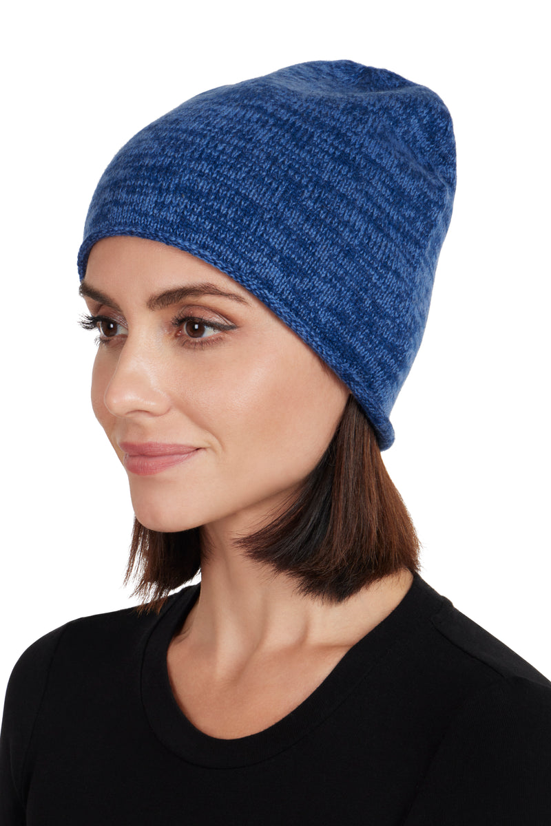 CASHMERE KNIT TWO-TONE BEANIE on model in navy