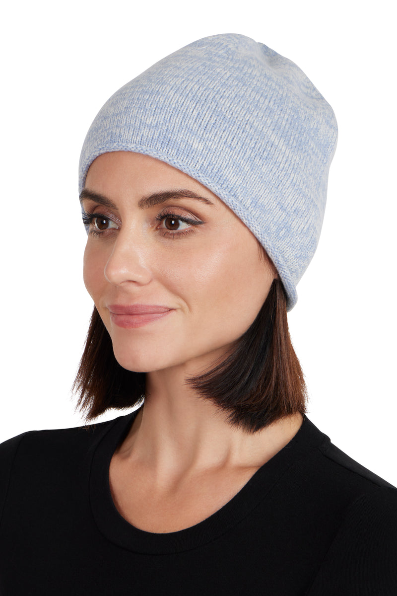 CASHMERE KNIT TWO-TONE BEANIE on model in light blue