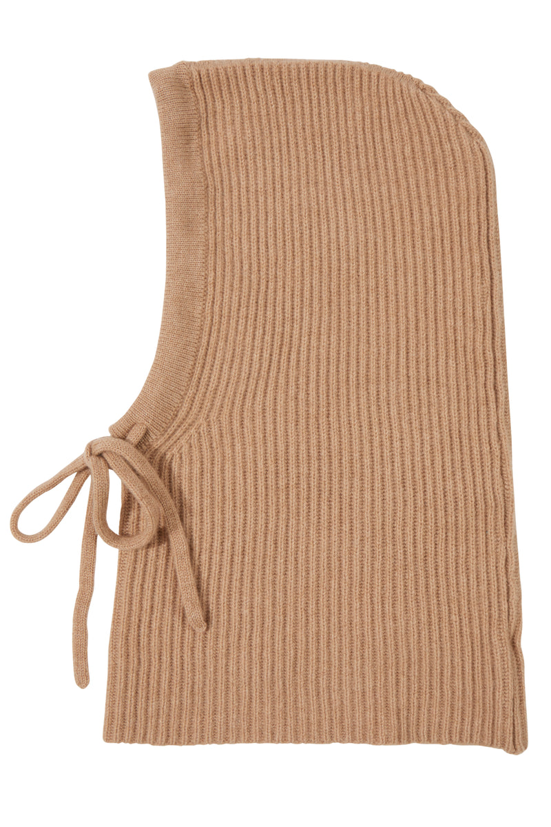 CASHMERE RIBBED KNIT HOOD in camel