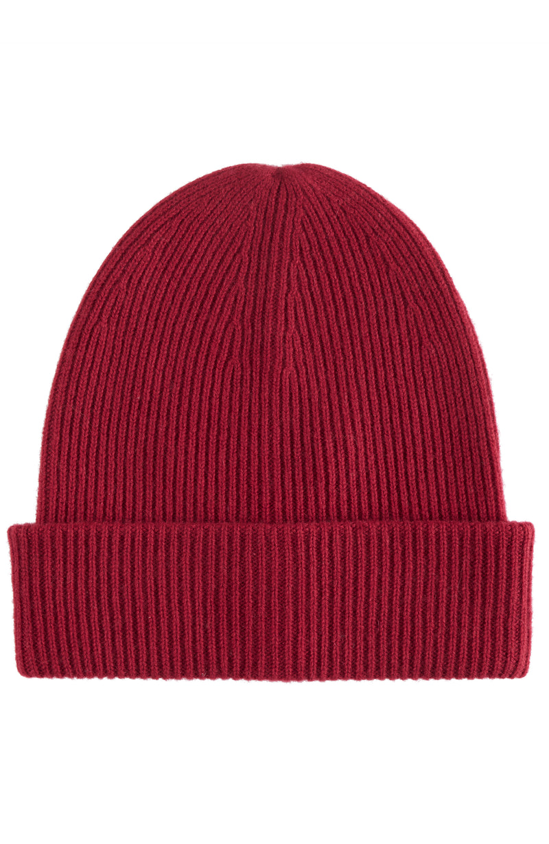 RIBBED CUFFED CASHMERE SLOUCHY HAT in  red