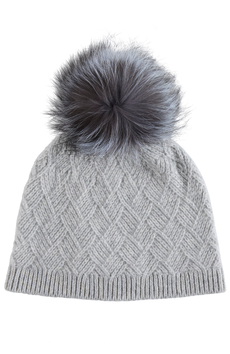 CASHMERE BASKETWEAVE RIB HAT W/ FOX POM in grey