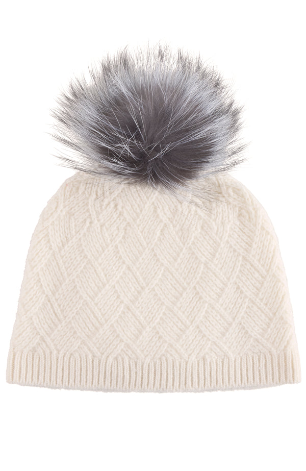 CASHMERE BASKETWEAVE RIB HAT W/ FOX POM in ivory