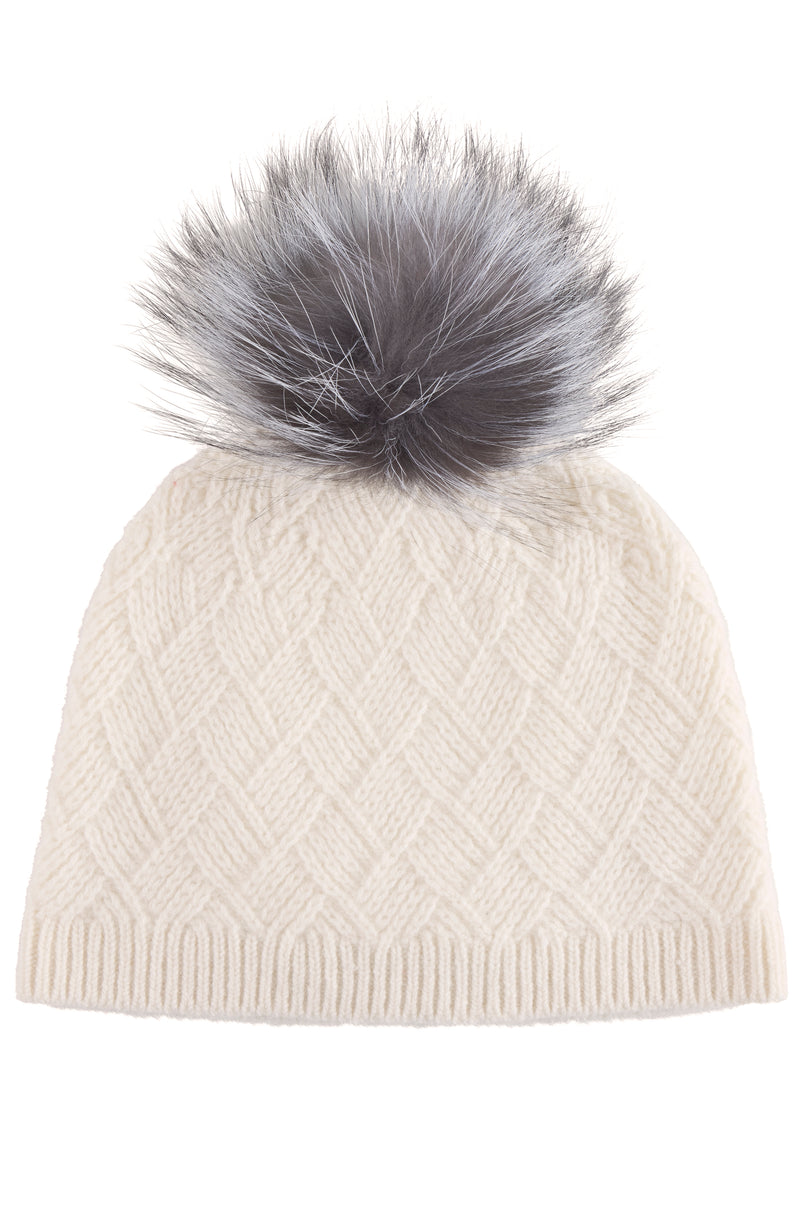 CASHMERE BASKETWEAVE RIB HAT W/ FOX POM in ivory