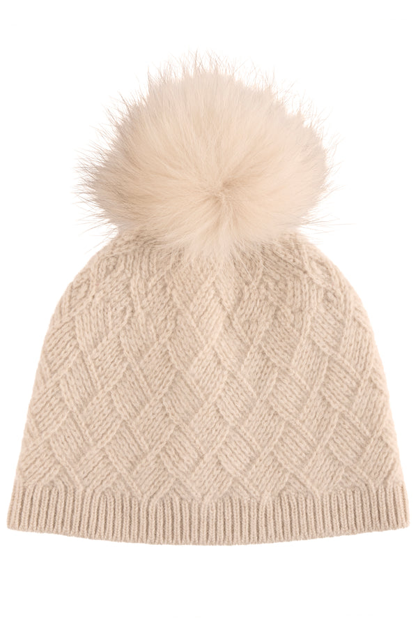 CASHMERE BASKETWEAVE RIB HAT W/ FOX POM in oat