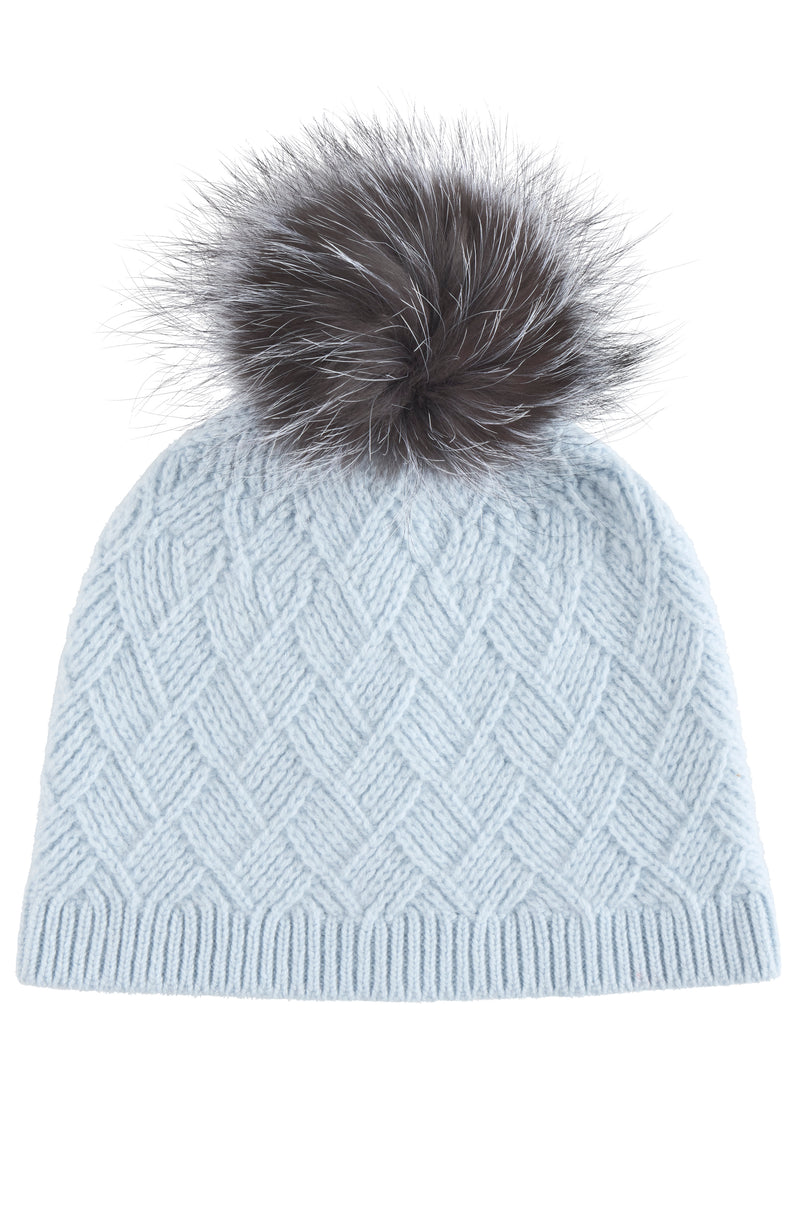 CASHMERE BASKETWEAVE RIB HAT W/ FOX POM in light blue