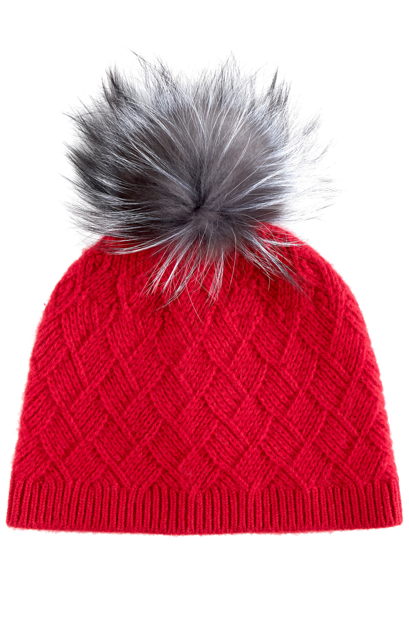 CASHMERE BASKETWEAVE RIB HAT W/ FOX POM in red