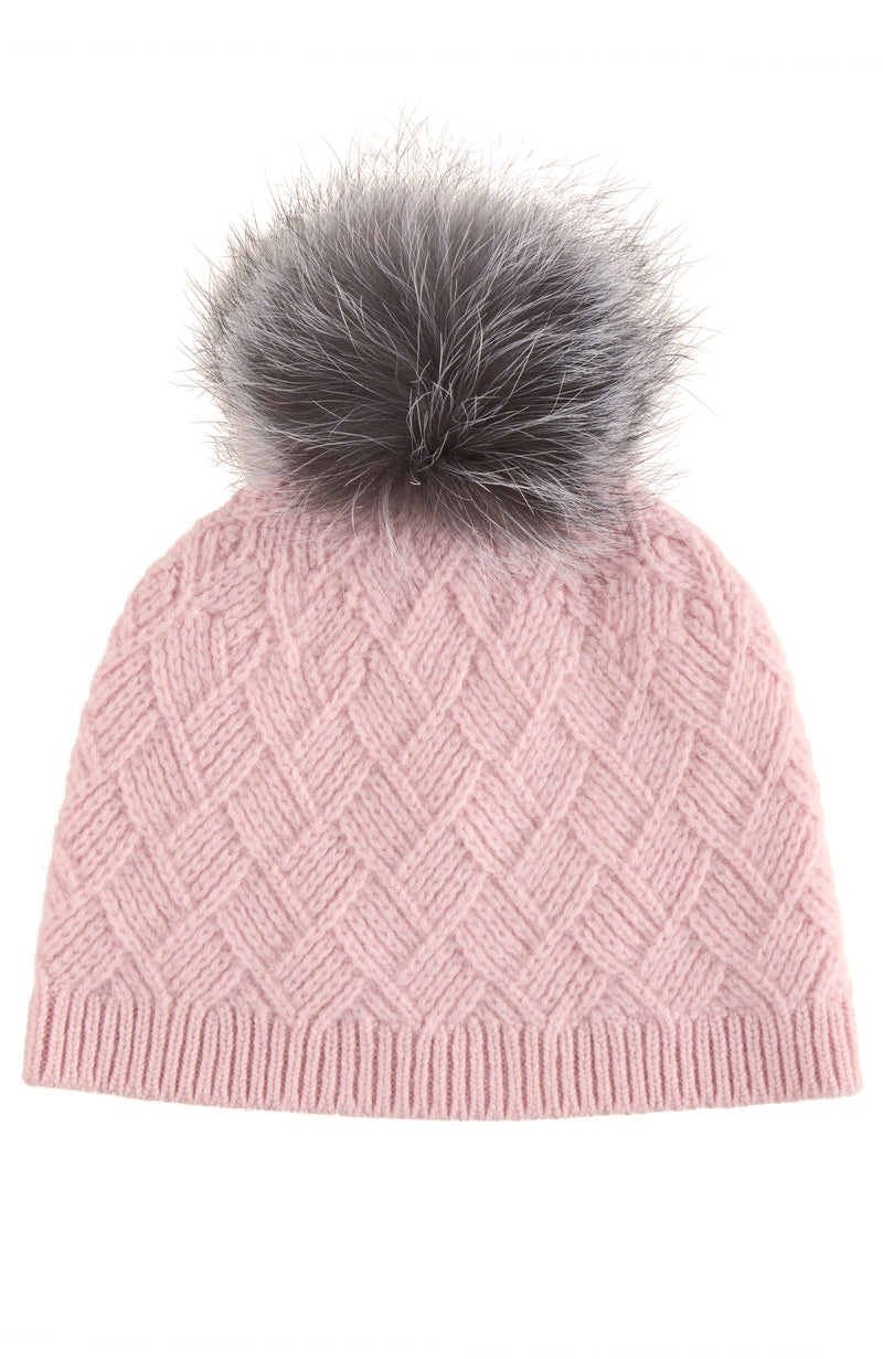 CASHMERE BASKETWEAVE RIB HAT W/ FOX POM in light pink