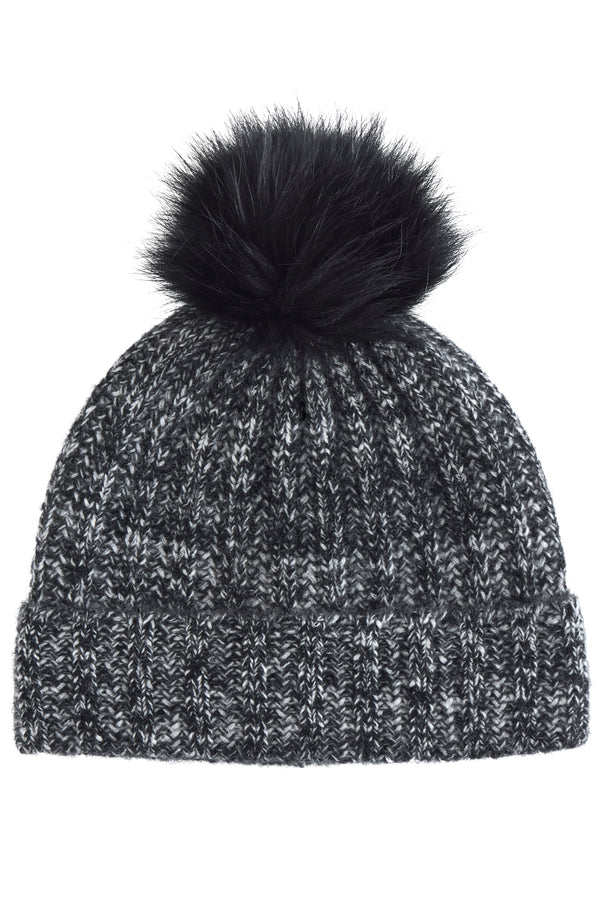 CASHMERE MARL LADDERSTITCH FOX POM HAT in black