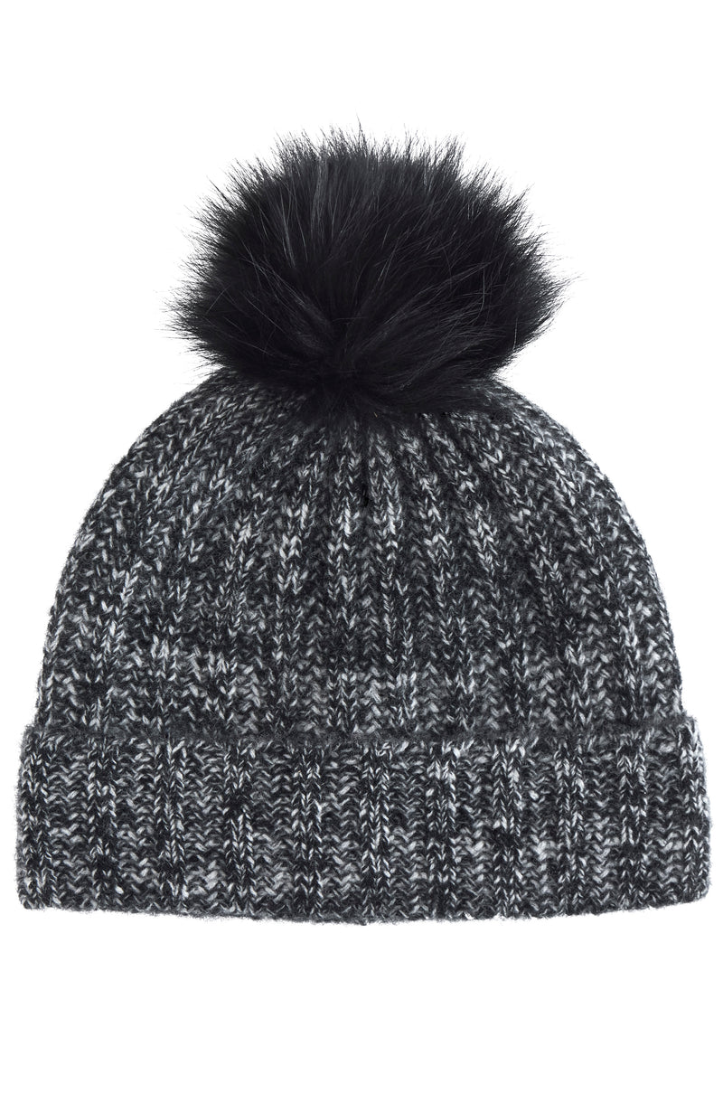 CASHMERE MARL LADDERSTITCH FOX POM HAT in black