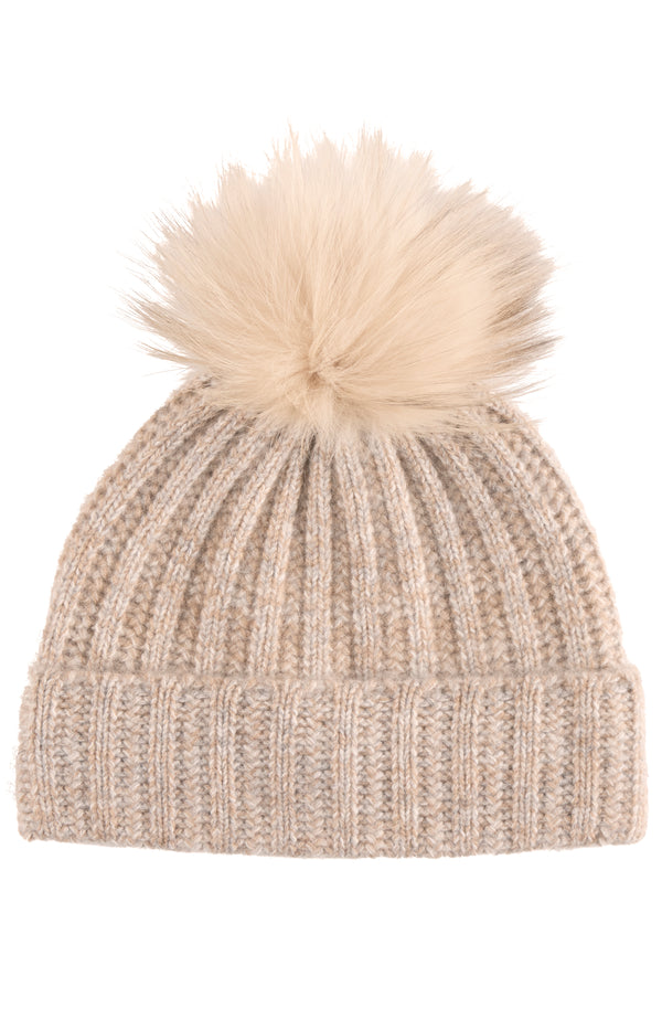 CASHMERE MARL LADDERSTITCH FOX POM HAT in oat