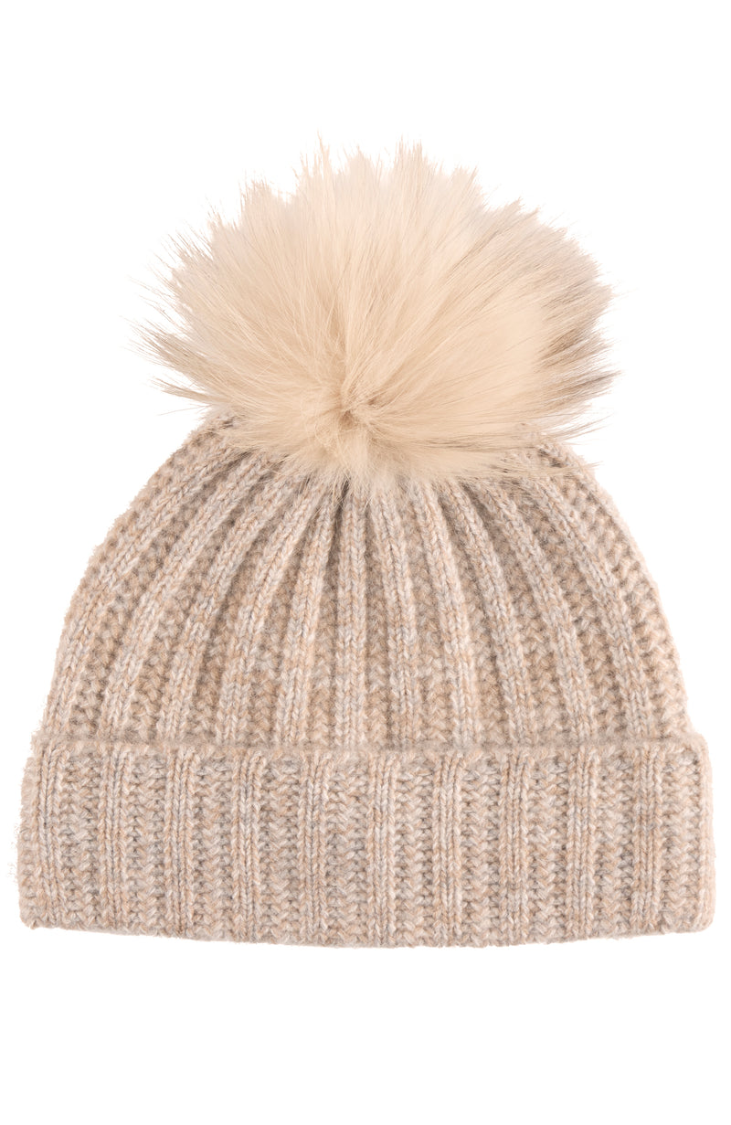 CASHMERE MARL LADDERSTITCH FOX POM HAT in oat