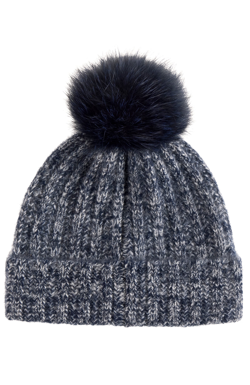 CASHMERE MARL LADDERSTITCH FOX POM HAT in navy