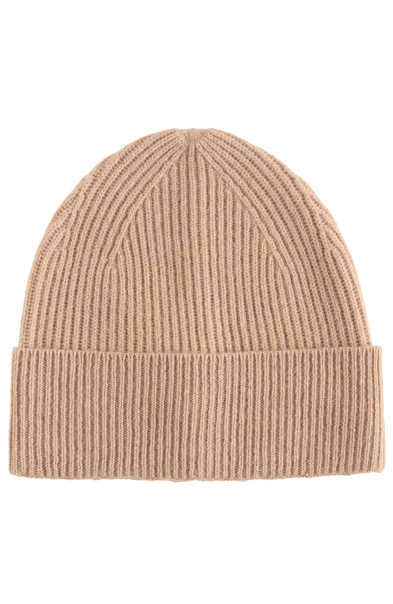 CASHMERE CHUNKY RIB KNIT HAT in camel
