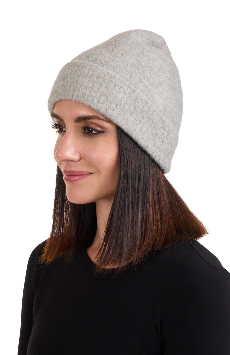 CASHMERE BOUCLE CUFFED BEANIE in grey on model