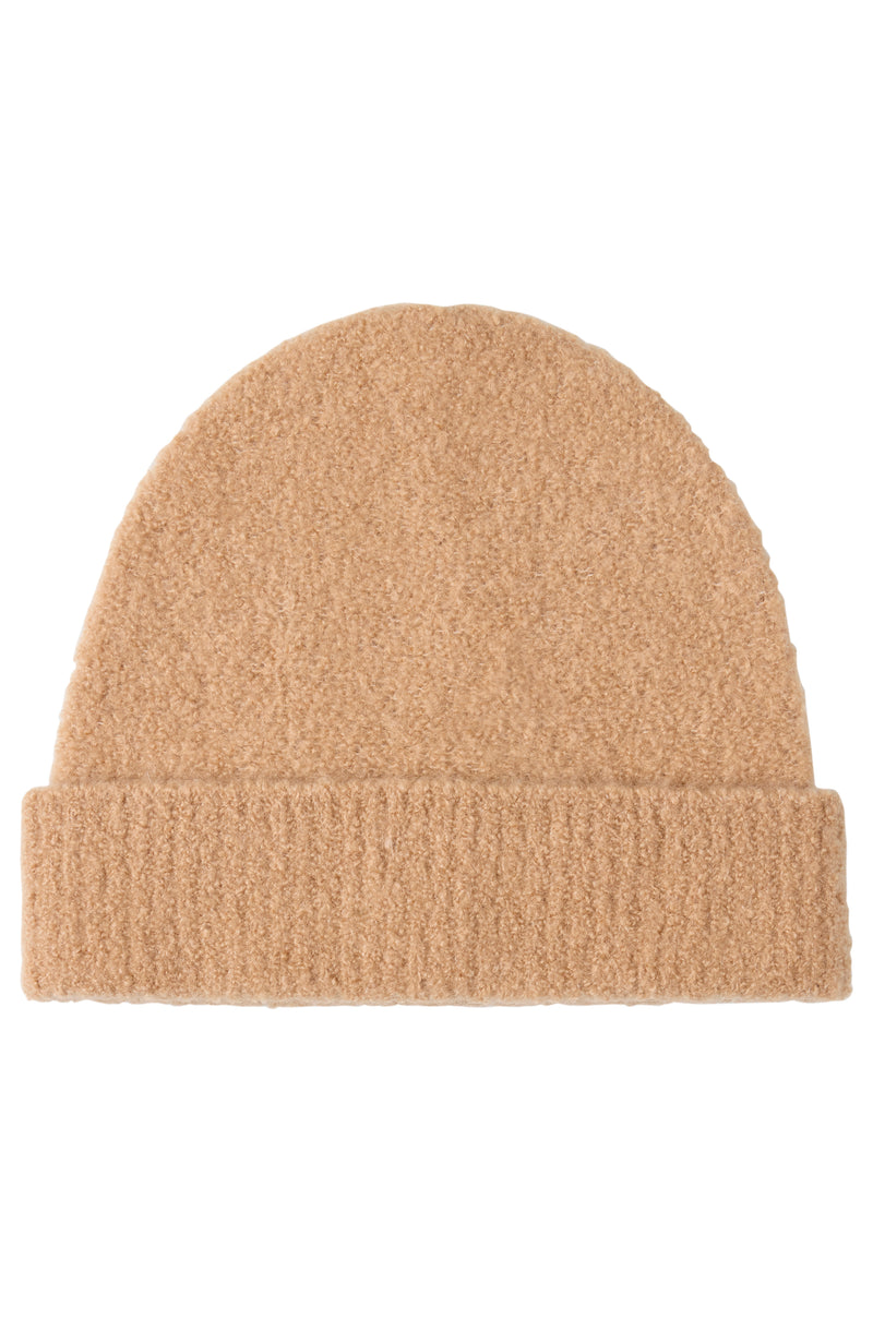 CASHMERE BOUCLE CUFFED BEANIE in camel