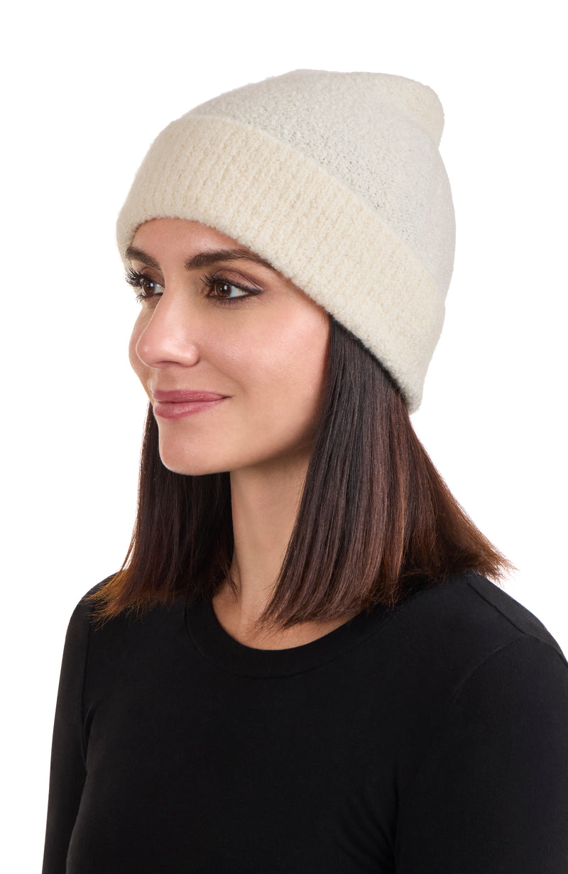 CASHMERE BOUCLE CUFFED BEANIE in ivory on model