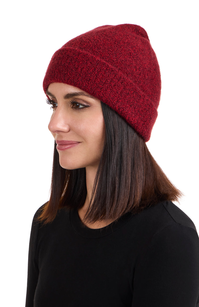 CASHMERE BOUCLE CUFFED BEANIE in red on model