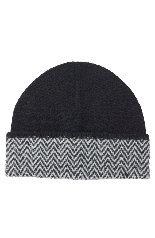 CASHMERE HERRINGBONE CUFF BEANIE in black