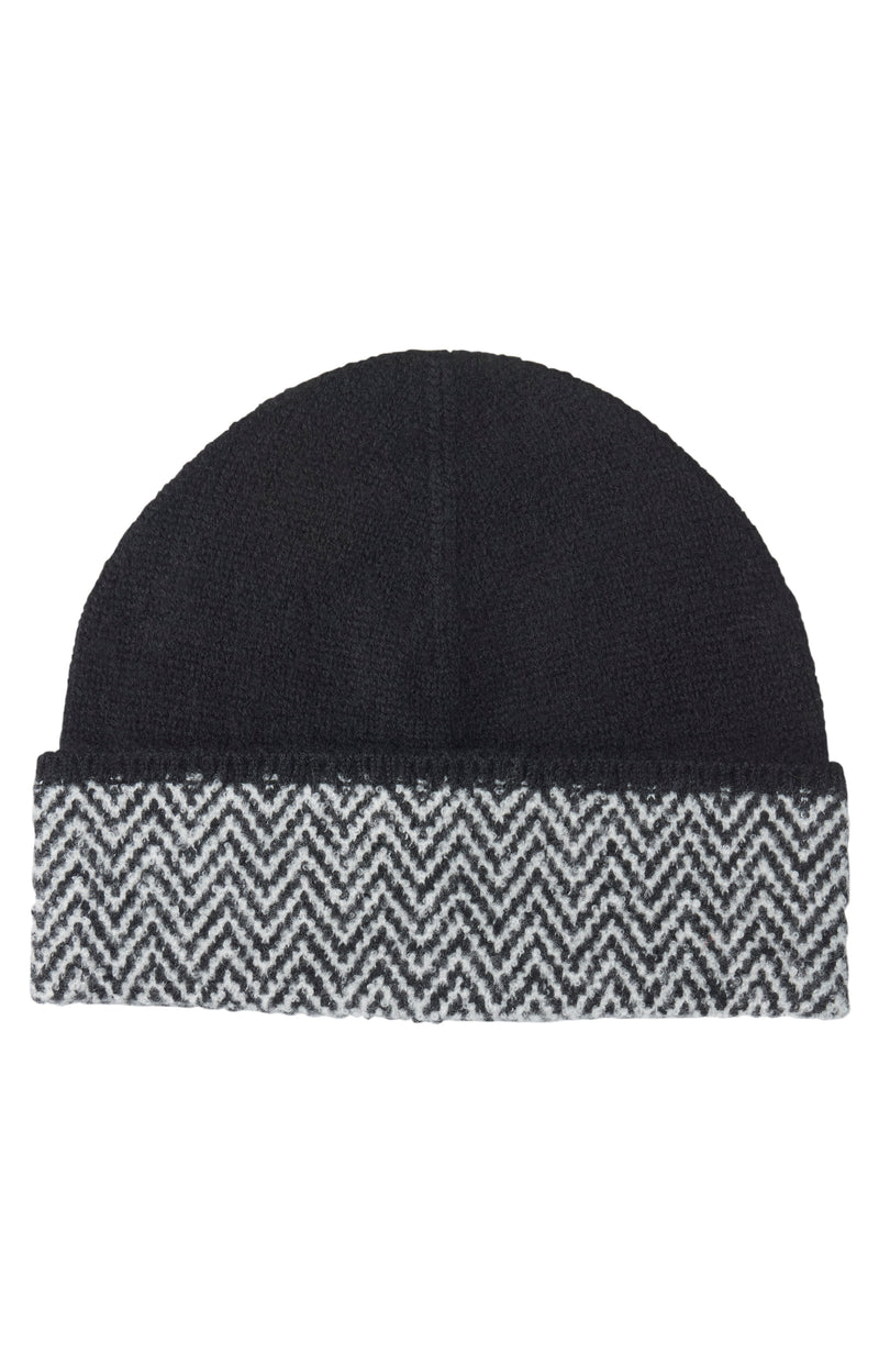 CASHMERE HERRINGBONE CUFF BEANIE in black