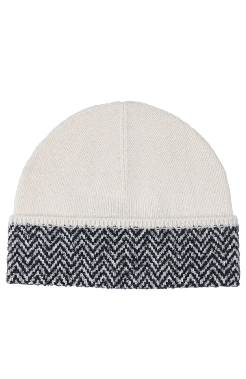 CASHMERE HERRINGBONE CUFF BEANIE in ivory