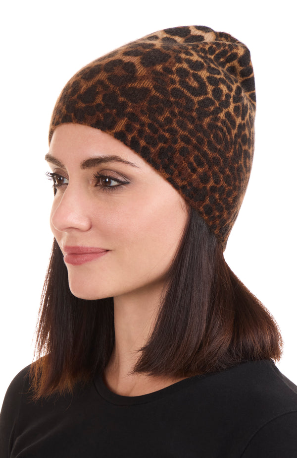 CASHMERE ANIMAL PRINTED JERSEY BEANIE on model in camel-black