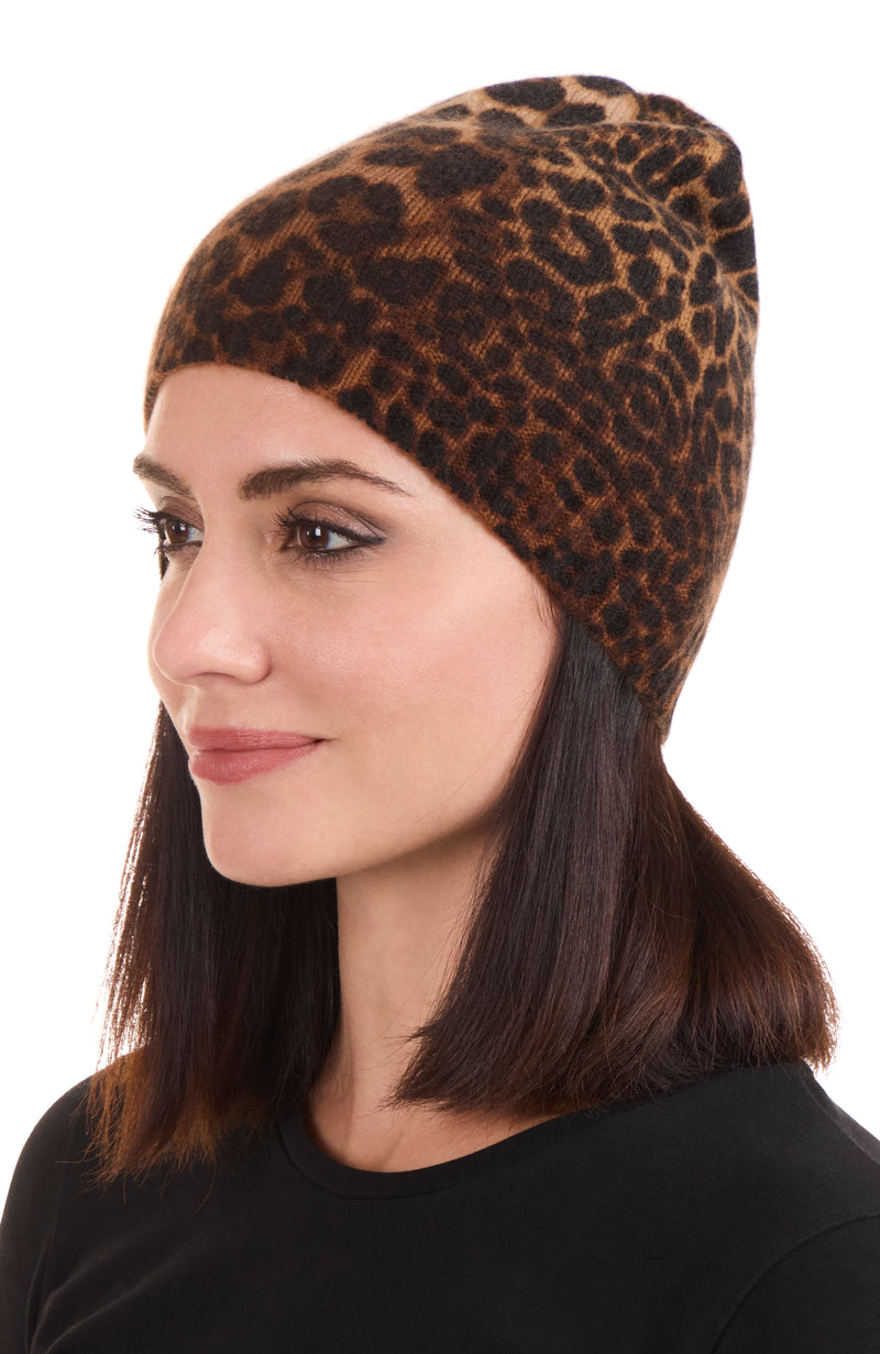 CASHMERE ANIMAL PRINTED JERSEY BEANIE on model in camel-black