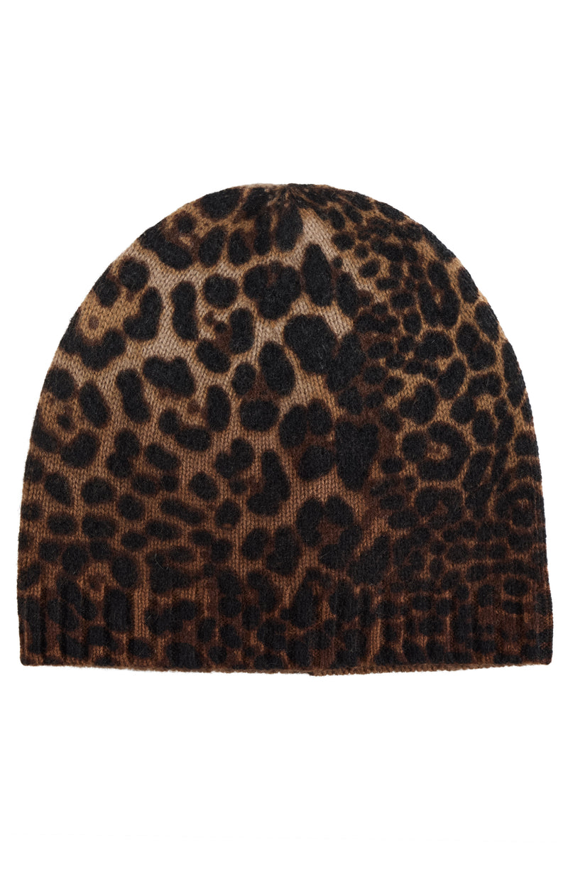 CASHMERE ANIMAL PRINTED JERSEY BEANIE in camel-black