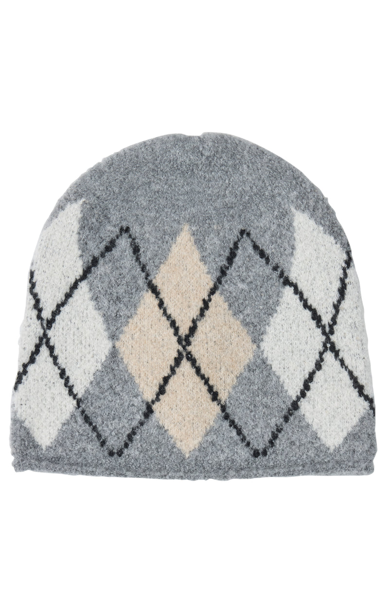 CASHMERE BLEND BOUCLE ARGYLE BEANIE in grey