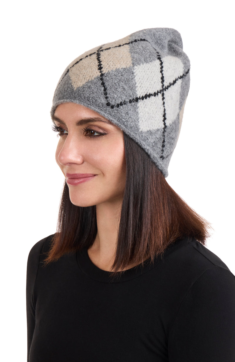 CASHMERE BLEND BOUCLE ARGYLE BEANIE in grey on model