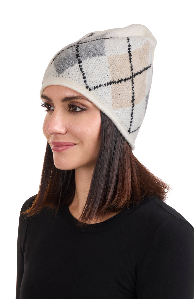 CASHMERE BLEND BOUCLE ARGYLE BEANIE in ivory on model