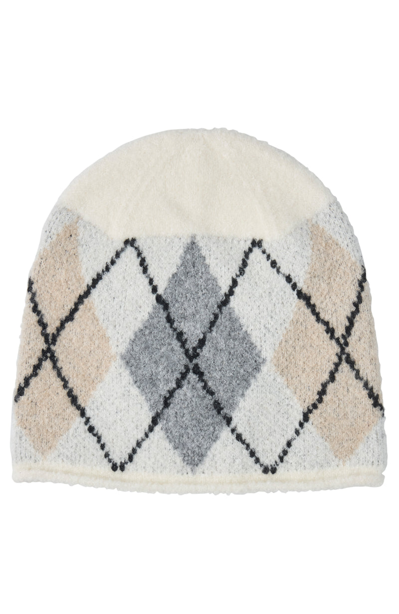 CASHMERE BLEND BOUCLE ARGYLE BEANIE in ivory