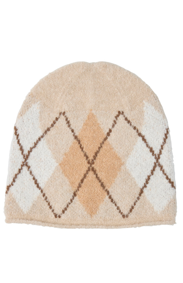 CASHMERE BLEND BOUCLE ARGYLE BEANIE in oat