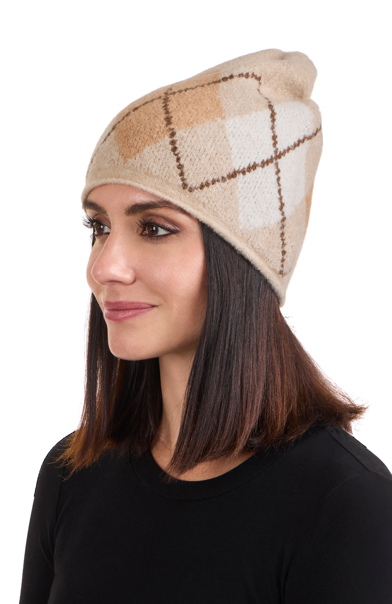 CASHMERE BLEND BOUCLE ARGYLE BEANIE in oat on model