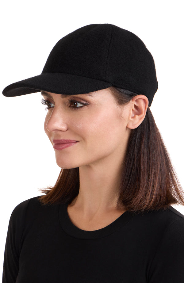 CASHMERE BLEND KNIT BASEBALL CAP in black on model