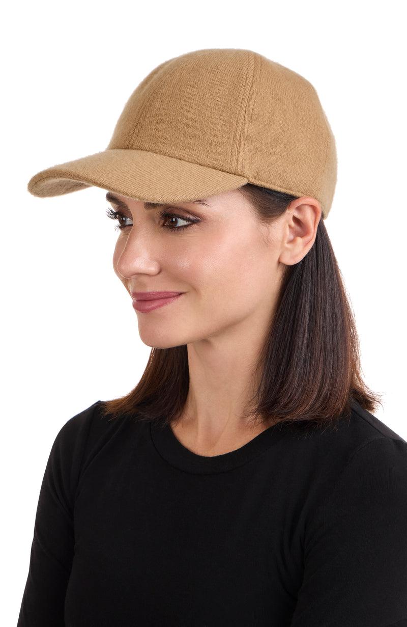 CASHMERE BLEND KNIT BASEBALL CAP in camel on model