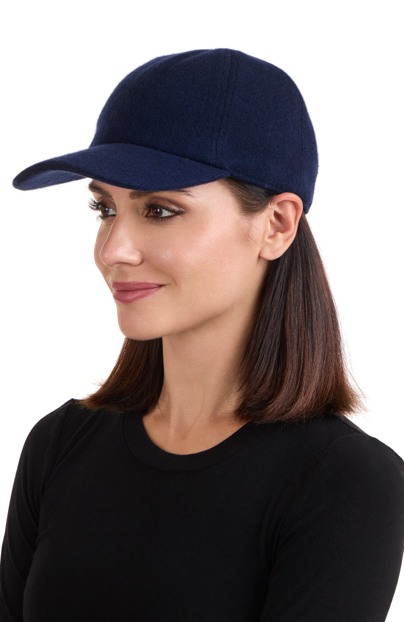 CASHMERE BLEND KNIT BASEBALL CAP in navy on model