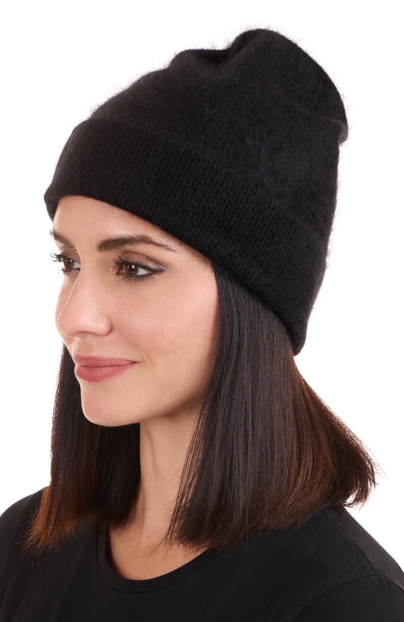 BRUSHED CASHMERE JERSEY CUFFED BEANIE in black on model